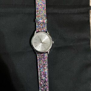 Avon Silver Watch with Multicolor Glitter Strap